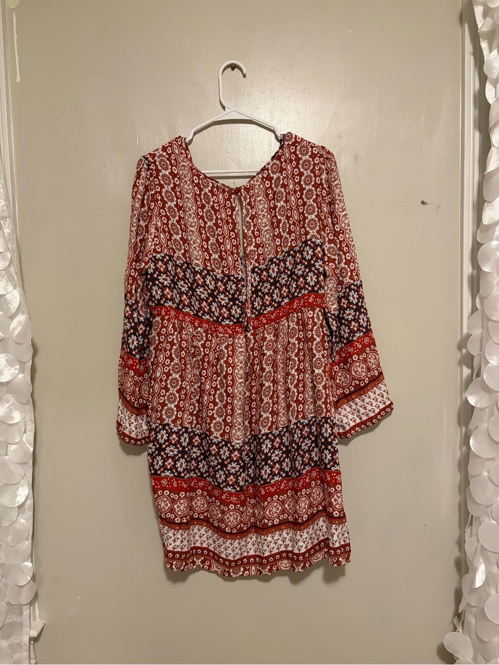 Bohemian Red Patterned Long-Sleeve Dress